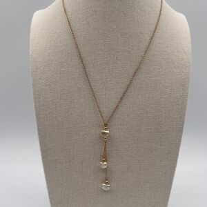 Vintage Avon Gold Tone Heart Faux Pearl Lariat Necklace Tiered Drop 16"